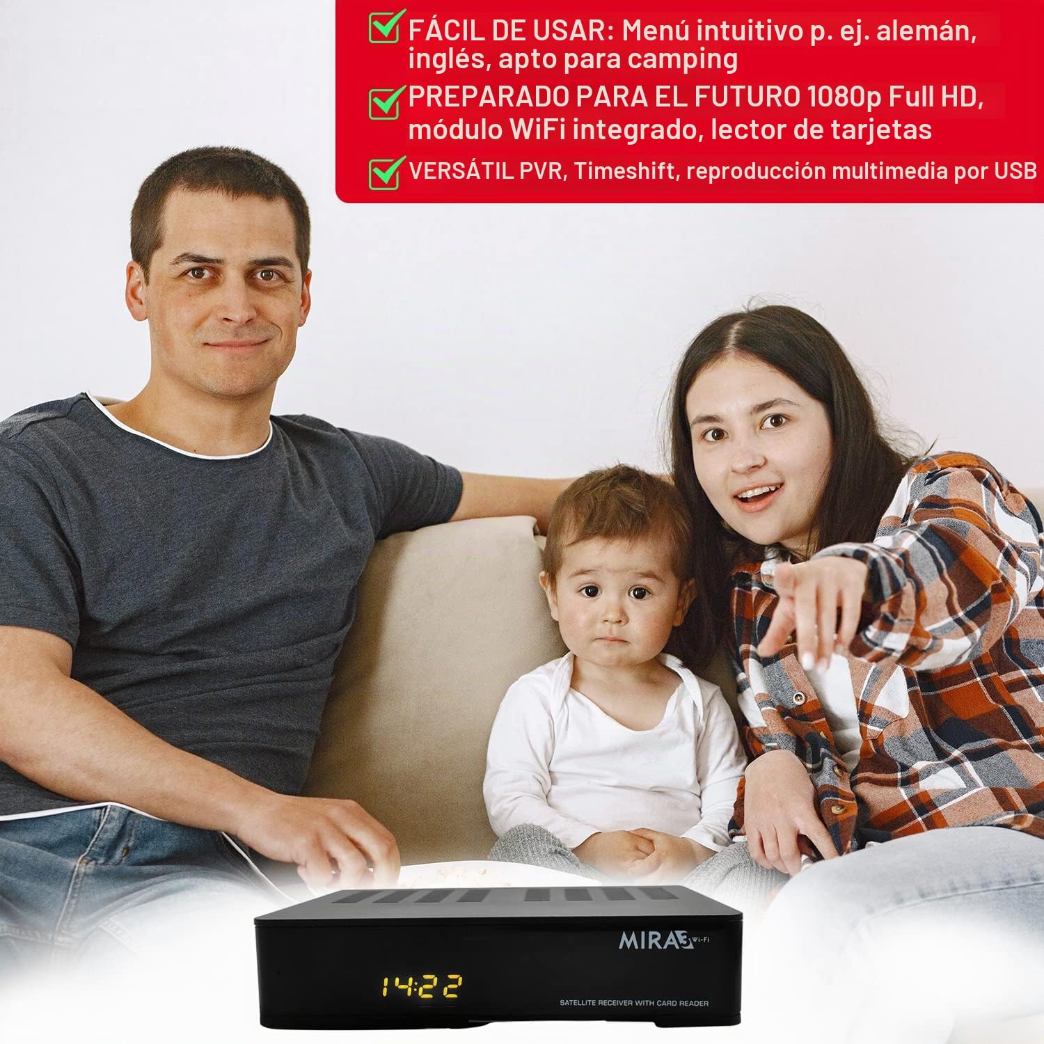 Amiko MIRA3 - Receptor de Satélite HD Con Función de Grabación, Ranura Para Tarjetas, Timeshift, HDMI, PVR, USB, WiFi, AAC-LC, SCART, Coaxial - Para Satélites