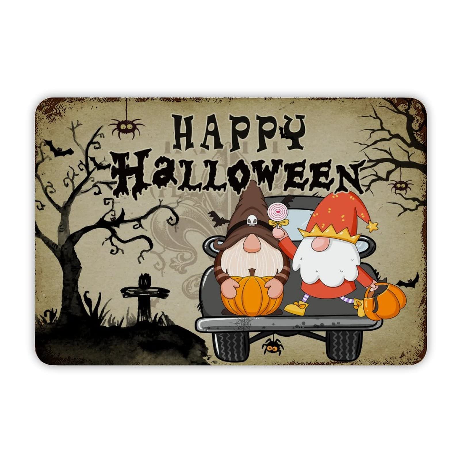 ENEDNATE Farmhouse Rustic Aluminum Sign Happy Halloween Gnome Pumpkin Bat Spiders Ghost Car Metal Sign Retro Aluminum Tin Sign for Kitchen Bedroom Living Room Wall Art Door Home Decor Sign 8"x12"