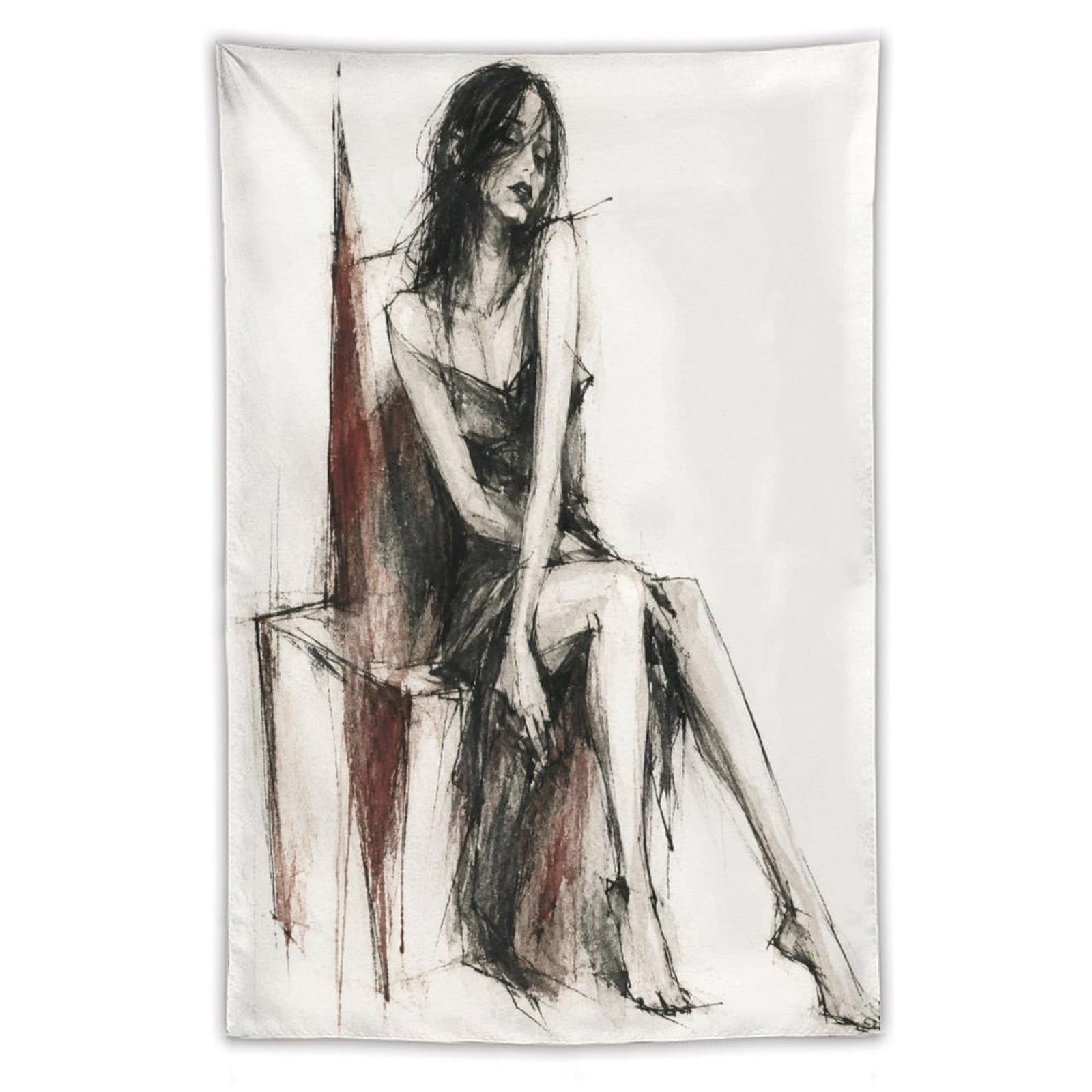 H3B8U2Y5 Seated Woman Charcoal Sketch Wall Tapestry, Backdrop