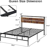 Vista 2 de IDEALHOUSE Base de cama Queen con cabecera de almacenamiento, marco de cama de plataforma de metal, cabecera de madera rústica vintage, base