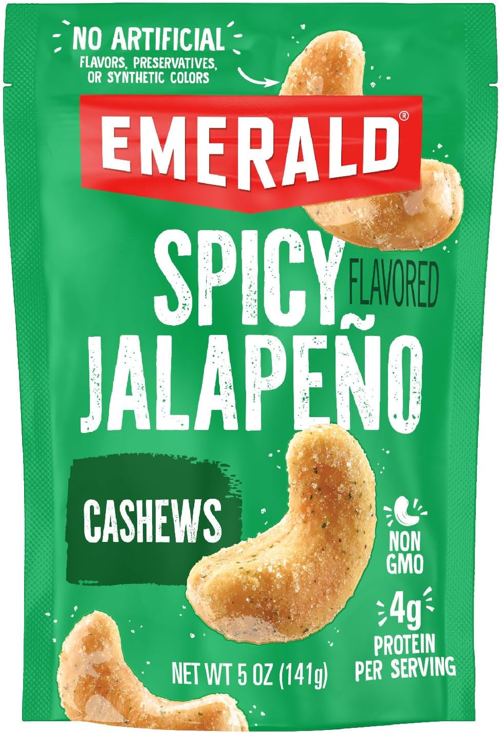 Emerald Nuts Jalapeno Seasoned Cashews (1-Pack) | 5 Oz Resealable Bag | Plant-Based Protein, Kosher Certified, Non-GMO, Contains No Artificial Preservatives, Flavors or Synthetic Colors