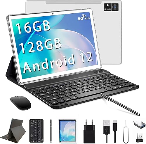 Tableta Android 12 con teclado, 16 GB de RAM 128 GB ROM 1TB Expandir tabletas de 10 pulgadas, tableta WiFi 2.4G5G Android, Octa-Core 1920 x 1200 IPS