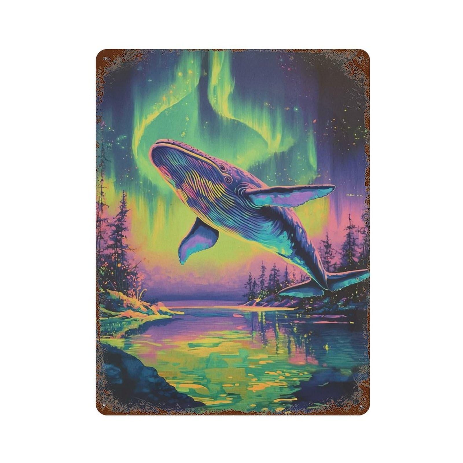 Whale Aurora Borealis Weathered Tin Sign 15.7"x11.8", Novelty Wall Decor for Garage, Pub Or Kitchen