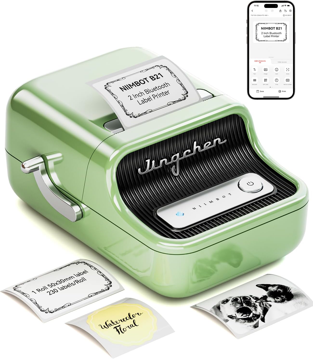 NIIMBOT B21 Label Maker Inkless Bluetooth Label Printer, 2 Inch Portable Thermal Sticker Machine for Small Business, Address, Logo, Clothing, Mailing, Candles, Jewelry, Sticker Printer for Gift, Green