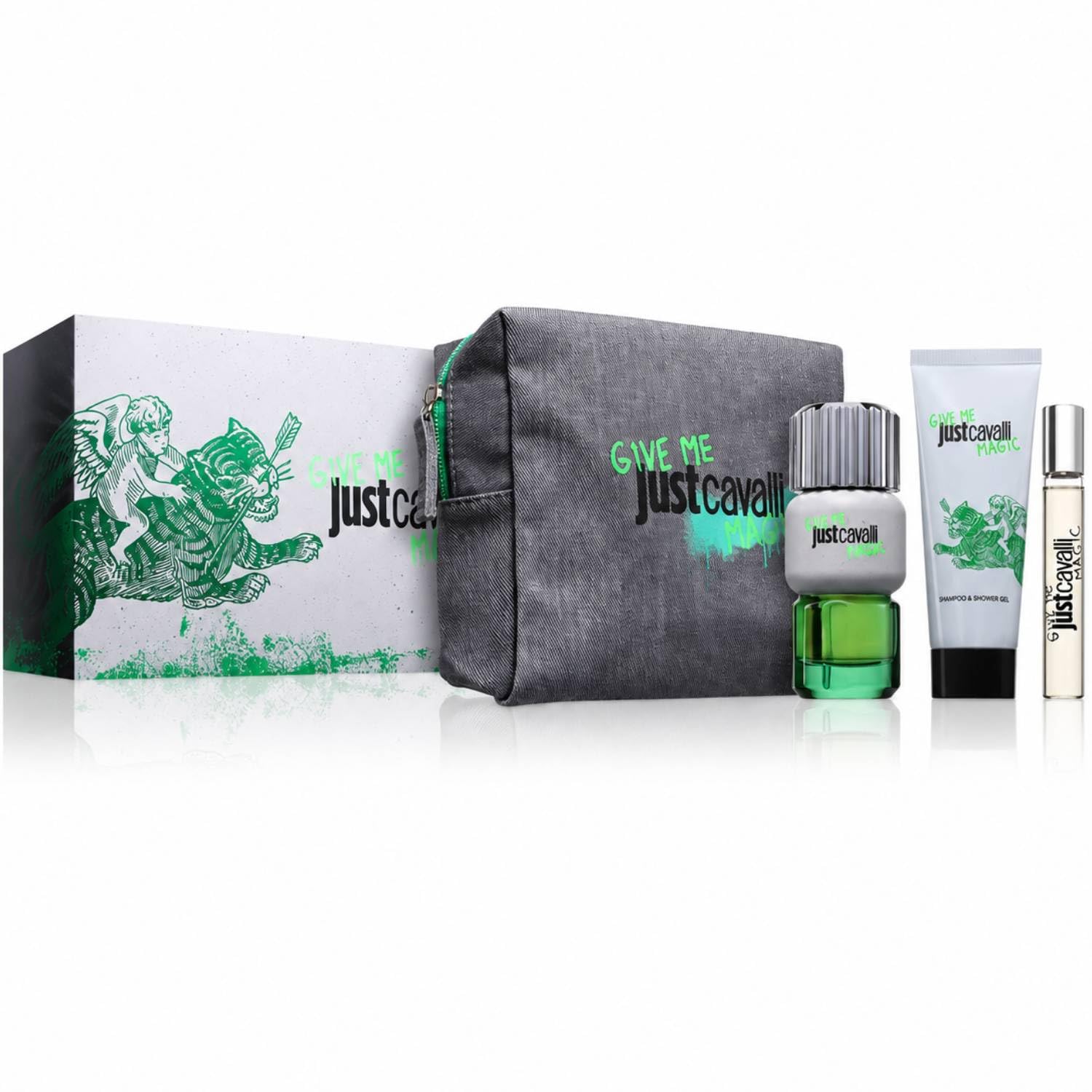 Just Cavalli Give Me Magic Set Regalo Uomo, Eau de Toilette 90 ml, Gel Doccia 100 ml, Travel Spray 15 ml, con Borsello, Fragranza Legnosa Speziata