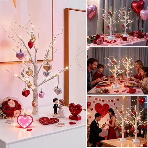 Miniatura 5 de Paquete de 2 árboles de abedul iluminados para decoración del día de San Valentín con adornos en forma de corazón, USB y pilas, árbol artificial