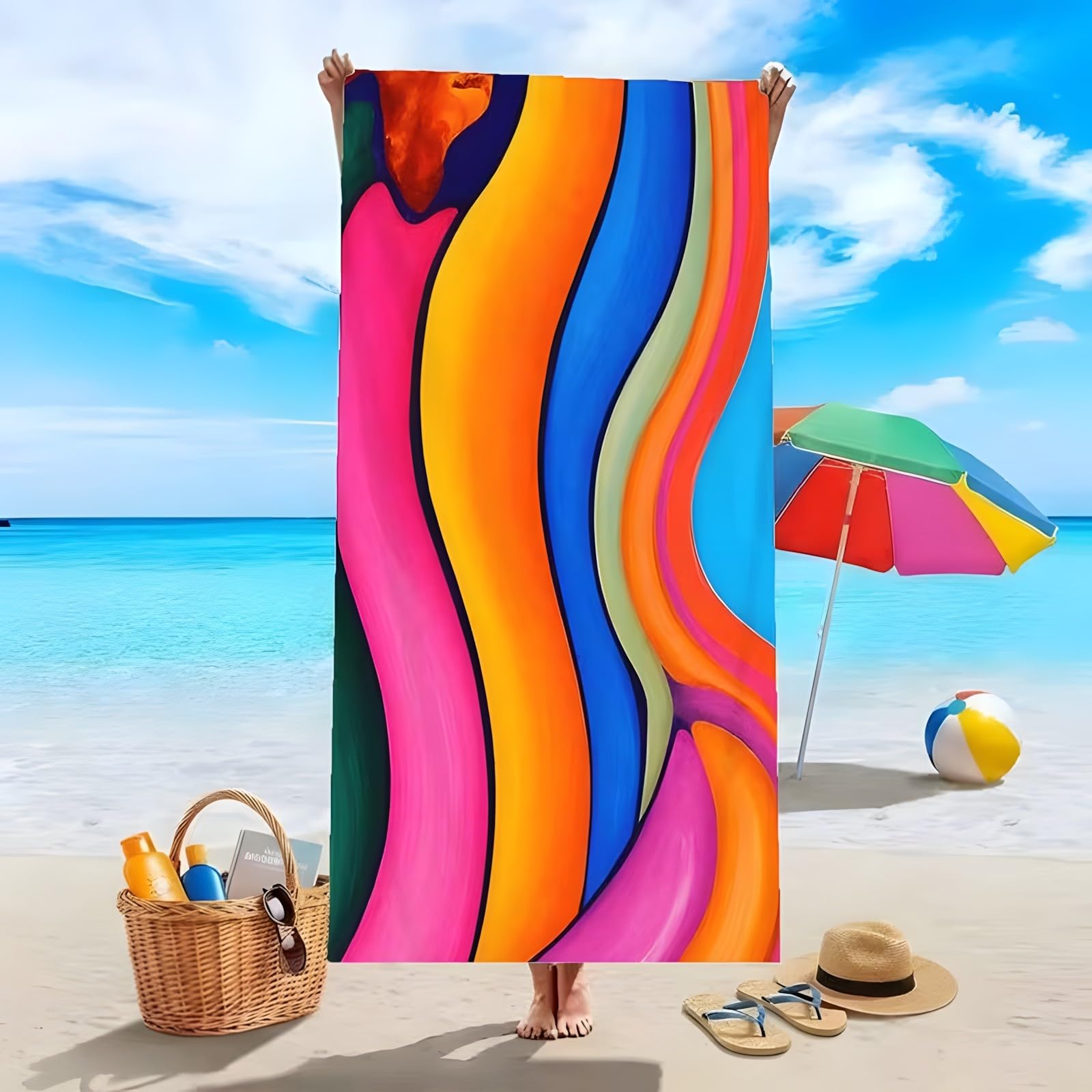 YZQGLHP Wavy Lines Microfibre Beach Towel Lines Beach Bath Towel Quick Drying, Lightweight, Sand-Free, Durable, for Pool, Gym, Camping, Travel Towel 70x130cm