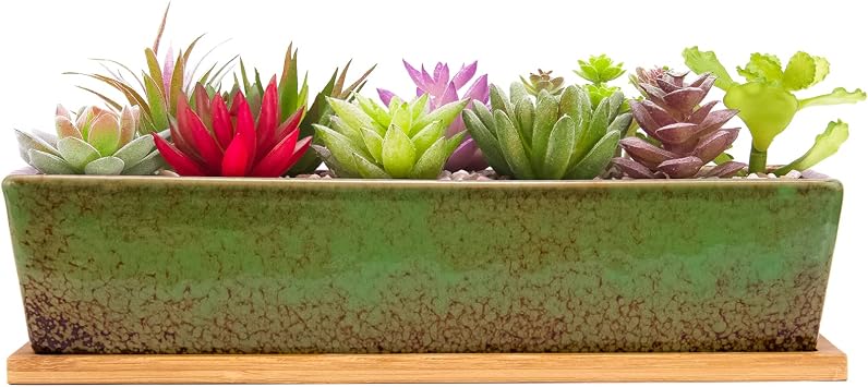 Artketty 12.1 Inch Large Succulent Planters Pots with Drainage Tray, Long Rectangle Ceramic Pots for Indoor Cactus/Succulent Plants Shallow Bonsai Window Box for Home Garden Decor Green