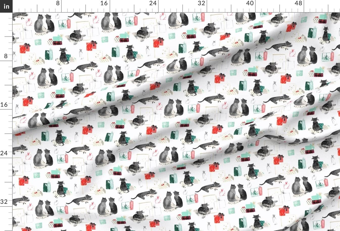 Spoonflower Fabric - Cat Christmas Presents Holiday Animal Vintage Cats Red Green Lover Printed on Satin Fabric by The Yard - Sewing Lining Apparel Fashion Blankets Decor