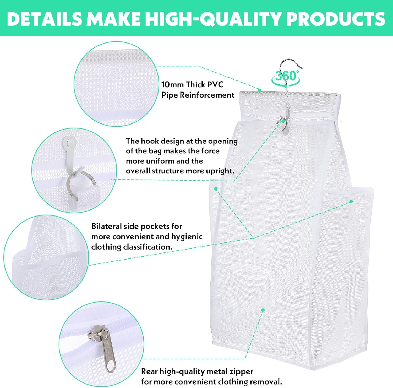 2 Pcs Hanging Collapsible Breathable Mesh Laundry Hamper, Hanging Laundry Bag, White, 24 x 14.2 x 7.5 in