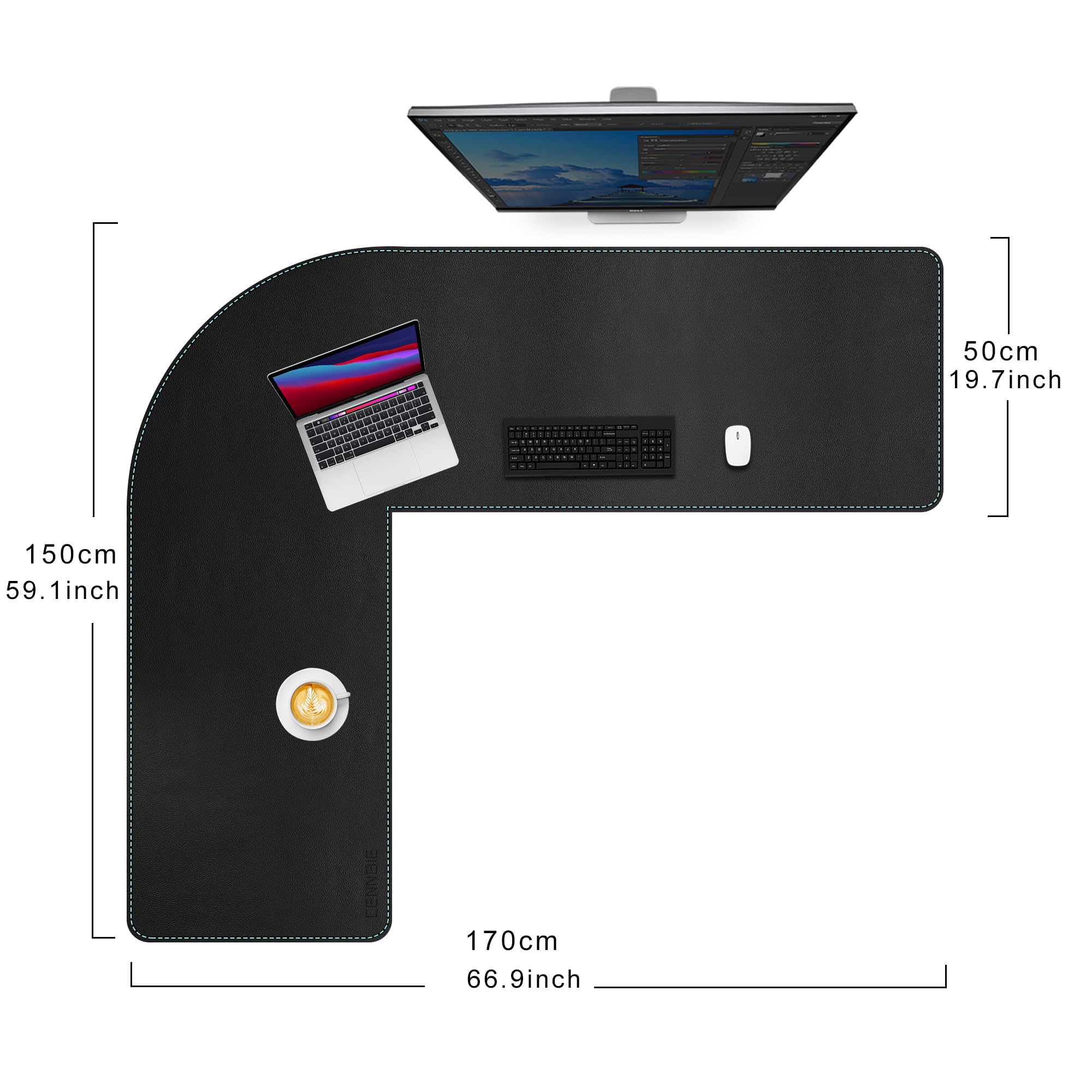 CENNBIE Tappetino Scrivania a forma di L a doppia faccia, 150 x 170 x 50cm Sottomano Scrivania angolare in pelle, Tappetino mouse in pelle a forma di L, Per Casa/Ufficio(nero)