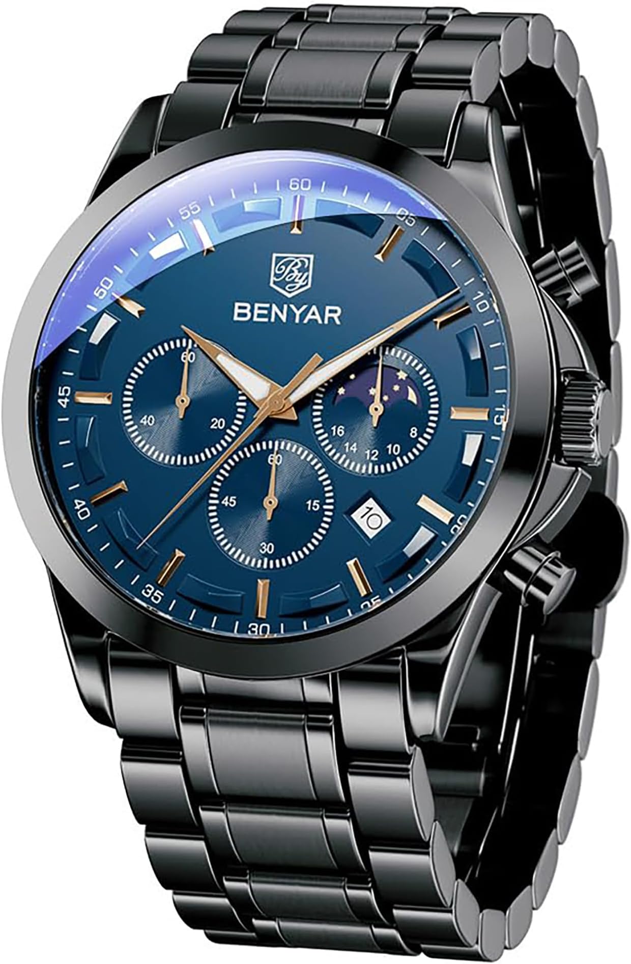 BY BENYAR Watches for Men Analog Watch Mens Watches Waterproof Watch Silver Watch Quartz Chronograph Date Men's Wrist Watches Stainless Steel Casual Luxury Gifts for Men Unique Mens Dress Watch