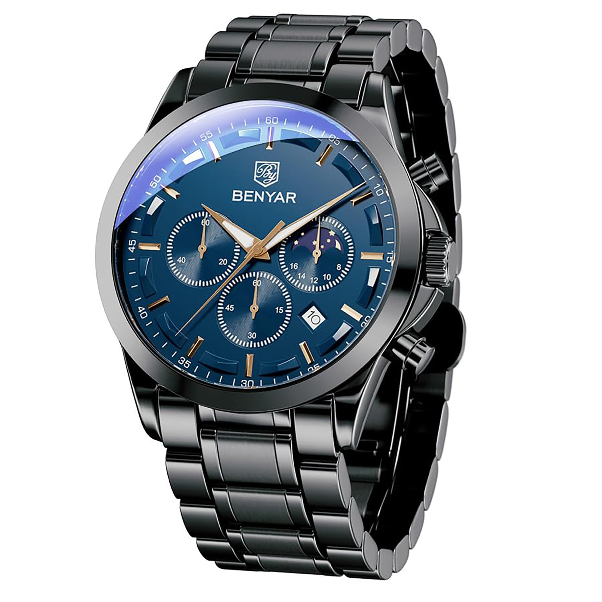 BY BENYAR Mens Watches Multifunction Chronograph Date Quartz Watch for Men Black Stainless Steel/Brown Leather Band Analog Wrist Watch Gift for Men Casual Business Stainless Steel-Black Blue