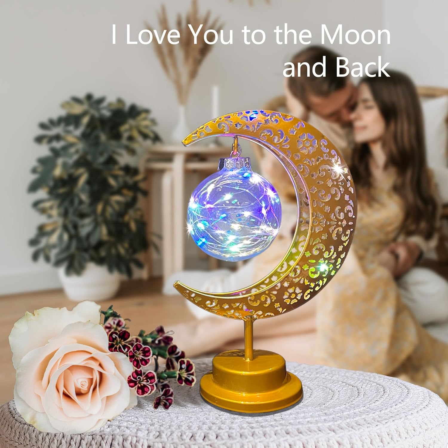 Decorative Table Lamp, Crescent Moon Light Ramadan Table Decor, Battery Powered Christmas Ramadan Desk Lamp Decorations for Home, Patterned Hollow Out Colorful Boho Lamp for Bedrooms