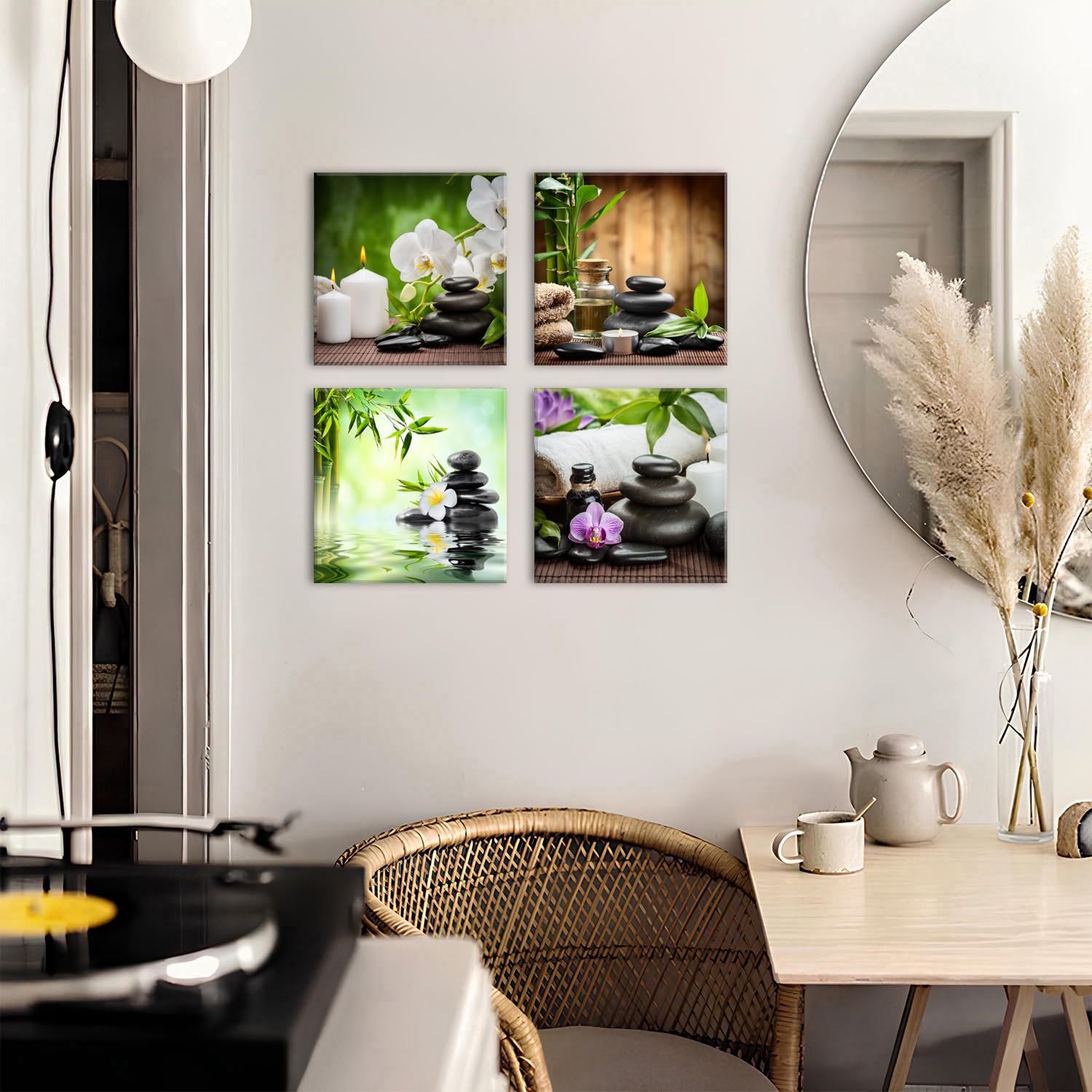 AIYISU Zen Wandbild 4 Teilig Leinwandbilder Bambus Orchidee Zen Steine Spa Wanddeko für Badezimmer Wohnzimmer Weiß Blume Kerzen Wanddeko für Schlafzimmer Küche Meditation Entspannung Deko 30 x 30 cm
