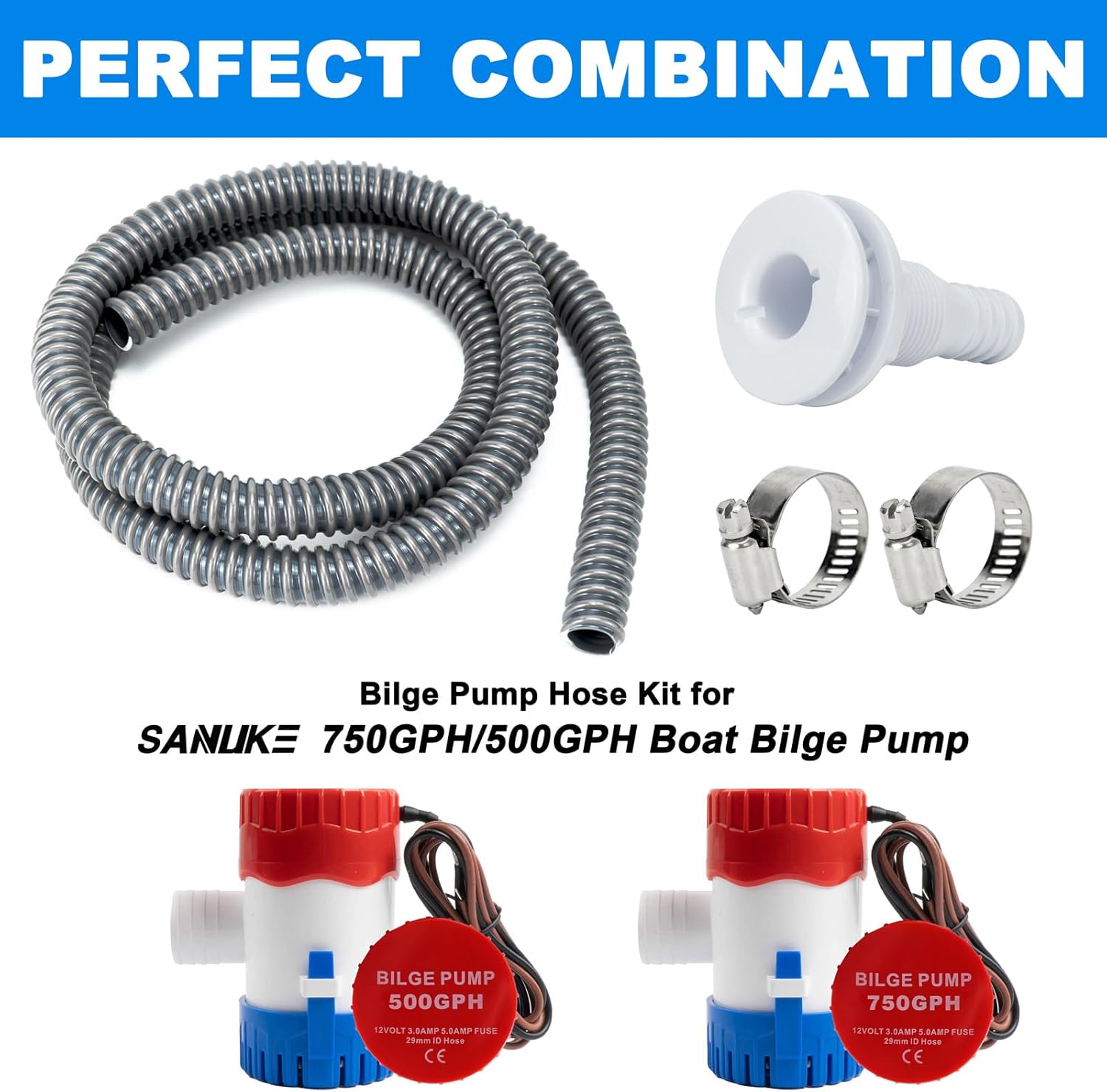 Sanuke Bilge Pump Hose Installation Kit, 3/4 Inch Dia Bilge Plumbing Kit with 6 FT Premium Quality Kink-free Flexible PVC Hose, 2 Hose Clamps and Thru-Hull Fitting, Black