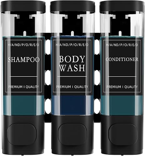 Dispensador de jabón de ducha sin taladro, dispensador de champú y acondicionador montado en la pared de 3 cámaras para baño, hotel, gran capacidad