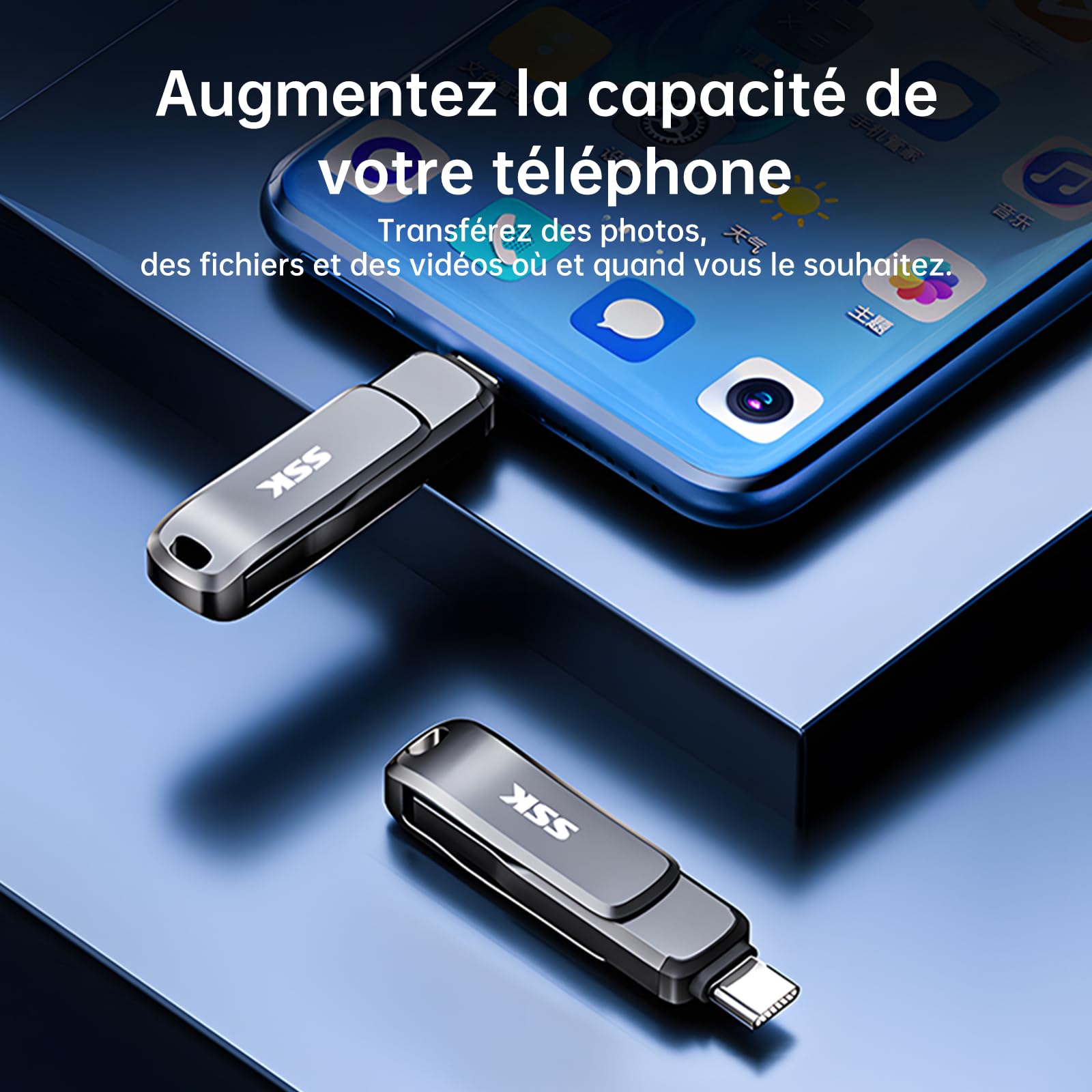 SSK Cle USB 3.2 256 Go, Vitesse de Lecture jusqu'à 200MB/S, clé USB Double avec Type C et USBA,Clef-USB Robuste en métal Noir pour Smartphone, Tablettes, MacOS,iphone 15 Stockage,Voiture,TV