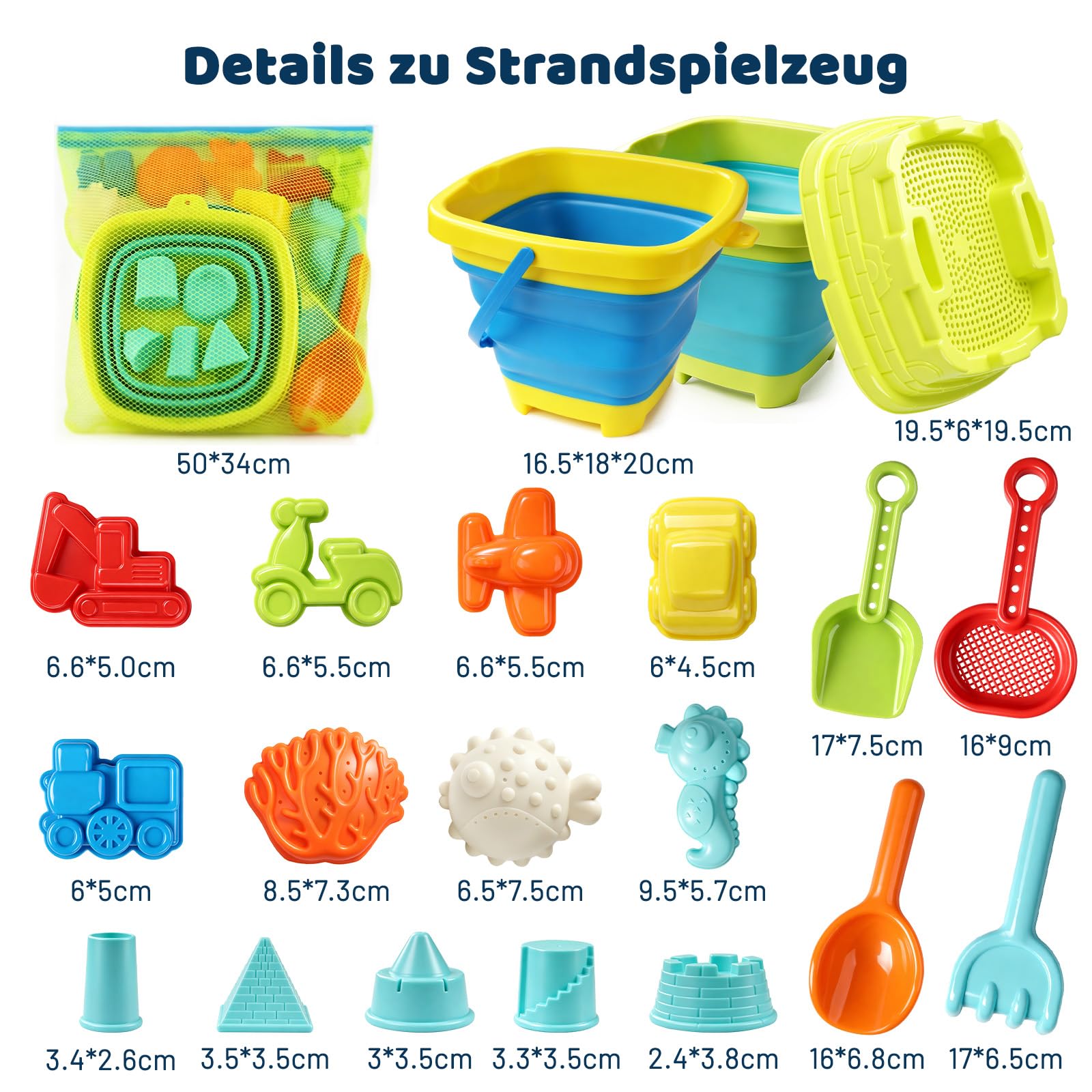 21 in 1 Sandspielzeug, Strandspielzeug Kinder Sandkasten Spielzeug mit Faltbarer Eimer, Innovative Handtaschen, Sandschaufel, Sandformen, Tragbar und platzsparend für Jungen Mädchen Kinder