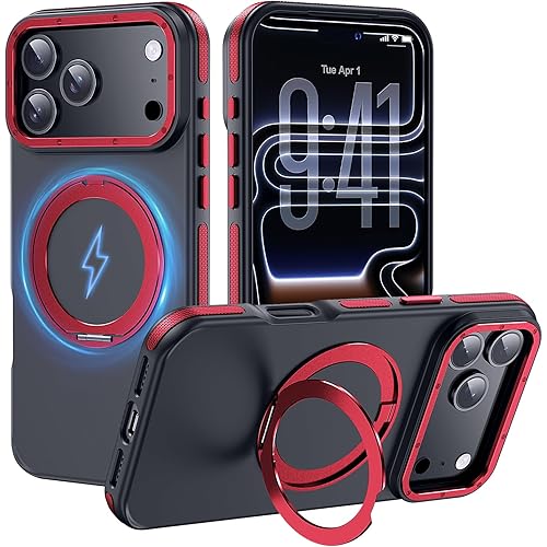 Strong Magnetic Case for iPhone 17 Pro Max(6.9", 2025) with Stand, Drop-Proof Bumper Cover with Contrast Color Border, Military-Grade Drop Protection, Shockproof Slim Thin Cover,Red