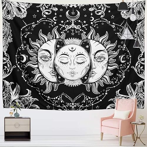 Miniatura 2 de ARFBEAR Tapiz de sol y luna, sol ardiente con estrellas, psicodélico, popular tapiz místico para colgar en la pared, manta de playa en blanco y