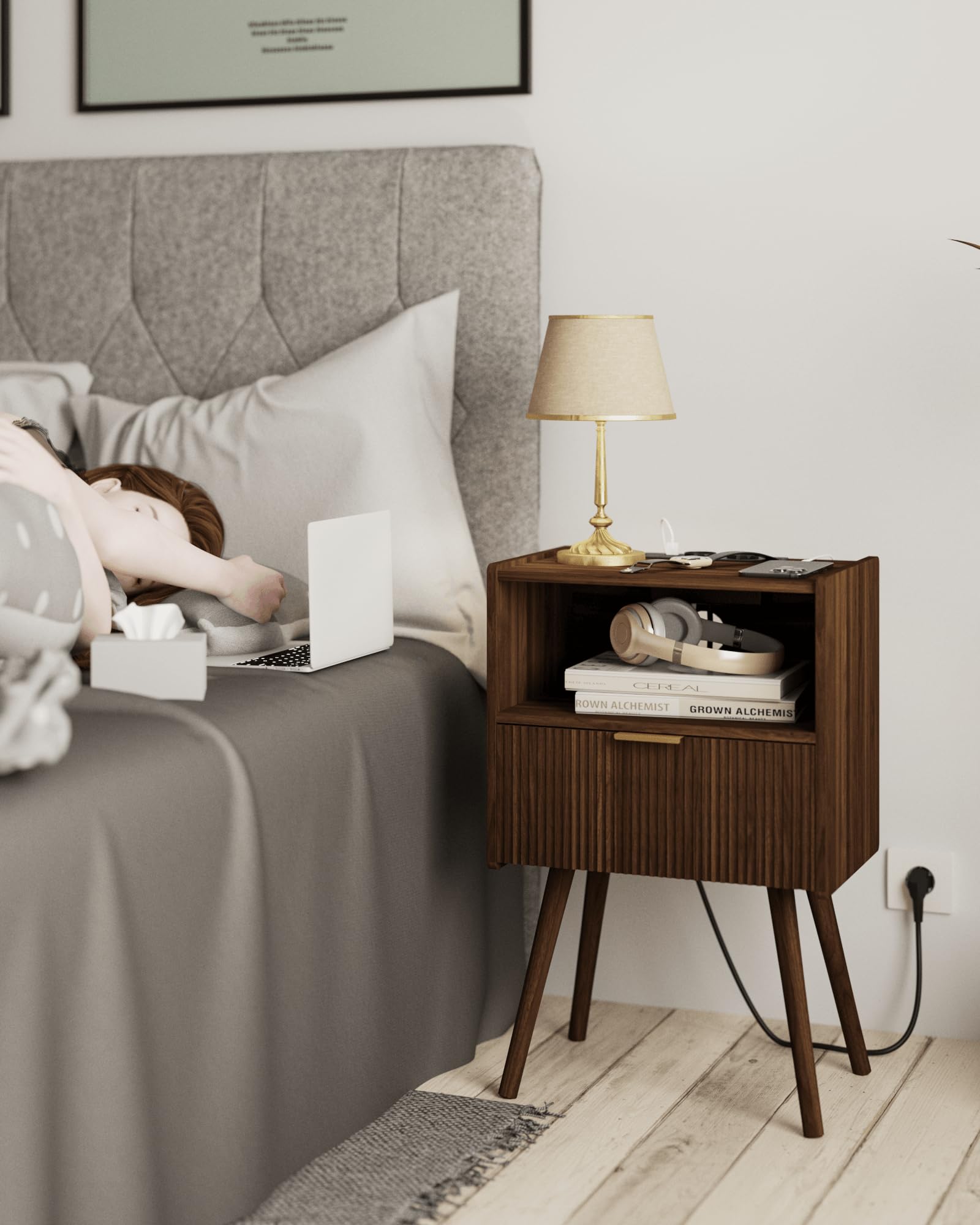 Nachttisch, Moderner Betttische mit Aufbewahrungsschublade und offener Holzablage, für Wohnzimmer, Schlafzimmer und kleine Räume, Akzent-Nachttisch mit Massivholzbeinen, einfache Montage (Nussbaum)