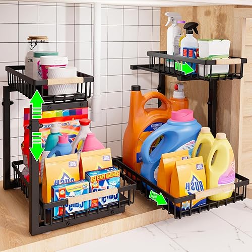 Organizador para debajo del fregadero, organizadores y almacenamiento ajustables en altura, organizador de armario deslizante extraíble de 2