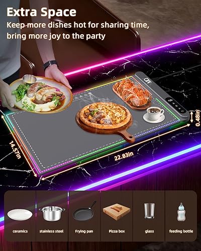 Miniatura 7 de Tapete de calentamiento para alimentos, extra grande, portátil, para bufé, bandejas de calentamiento eléctricas para alimentos, tiras LED multicolor