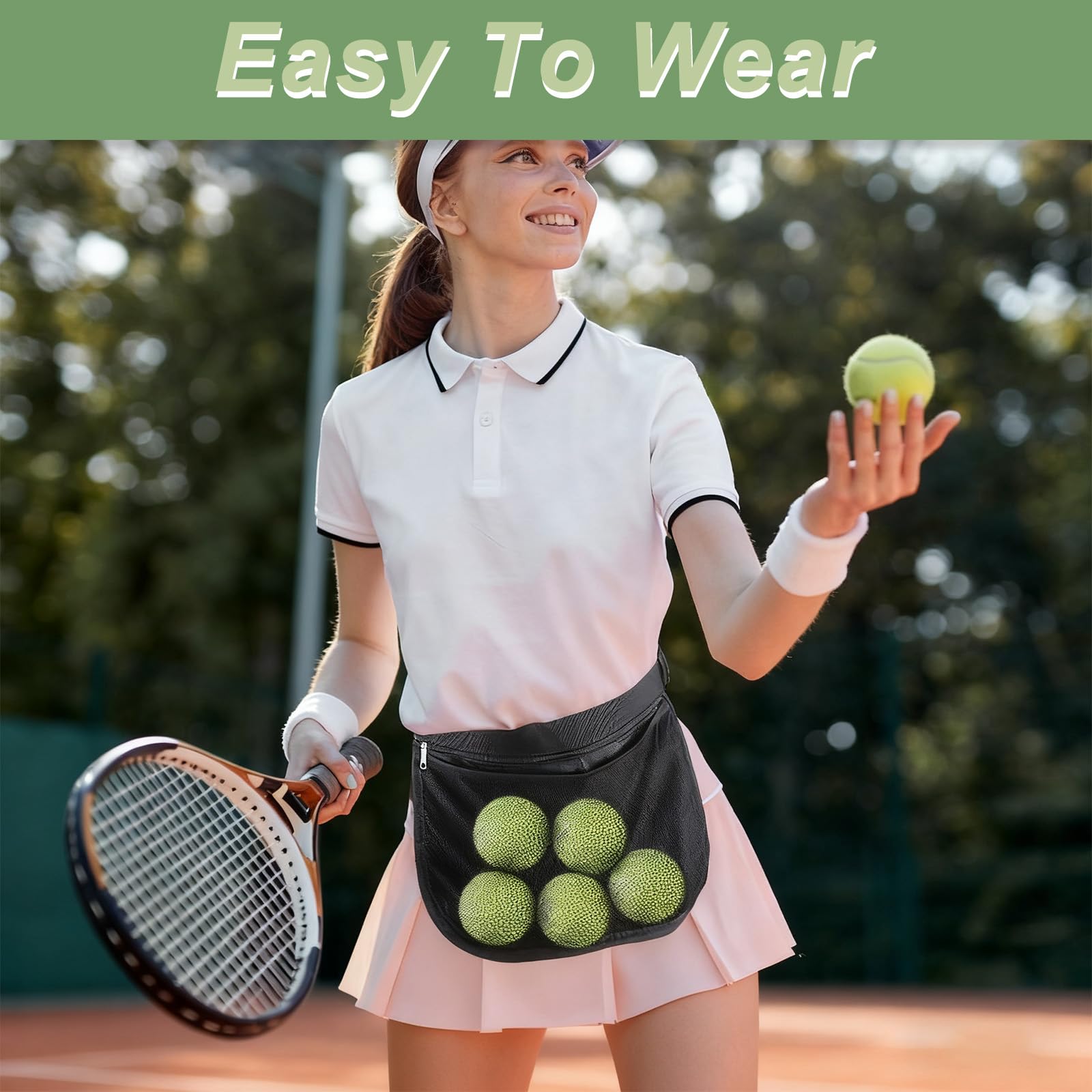 Portapalle da Tennis Regolabile e Borsa per Pickleball, Marsupio in Mesh, Porta Palle con Tasca, Contiene 8-10 Palle per Tennis, Pickleball, Golf, Nero Leggero e Comfortevole.
