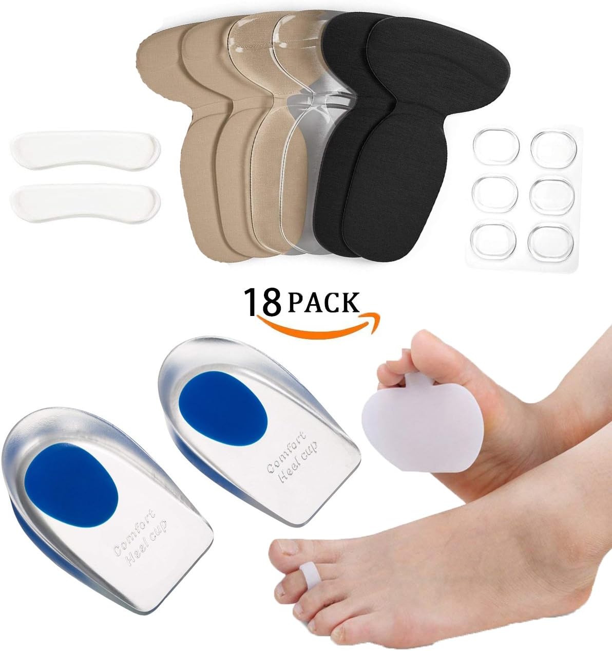 Silicone Heel Cup,Metatarsal Pads,Heel Pads,Heel Cushion,Gel Spots Foot Pain Relief(18pcs)