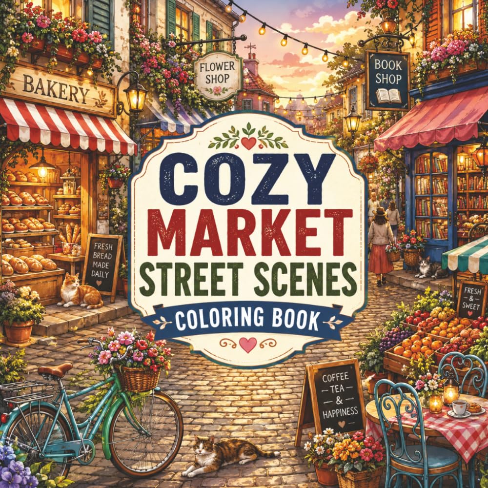Cozy Market Street Scenes Coloring Book: 30 Charming Market Street Illustrations Featuring Cafés, Flower Shops, Bookstores, Bakeries, and Relaxing Small-Town Moments for Adults & Teens