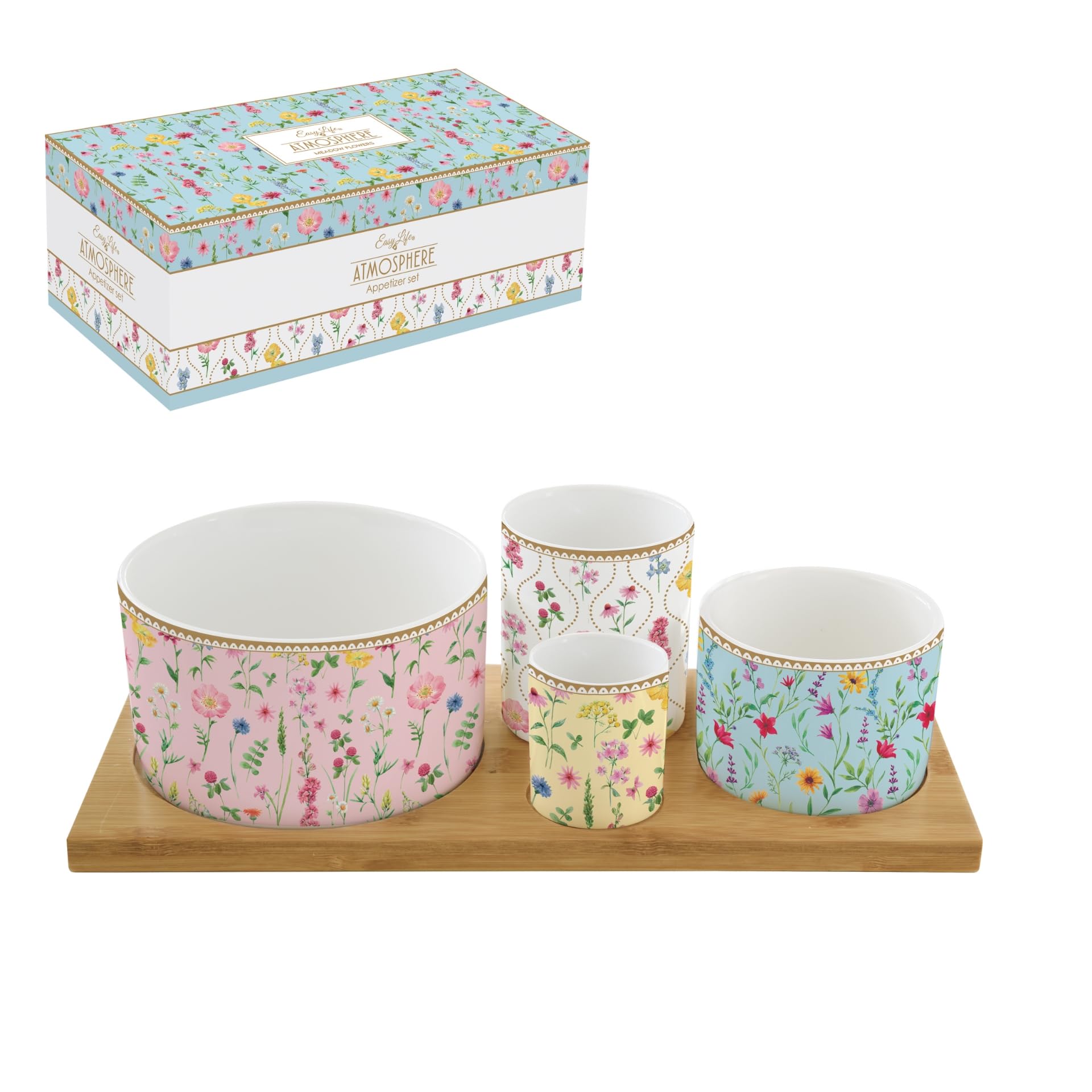 Set Apéritif 4 Coupelles Porcelaine Sur Plateau Bambou - Élégant Et Pratique