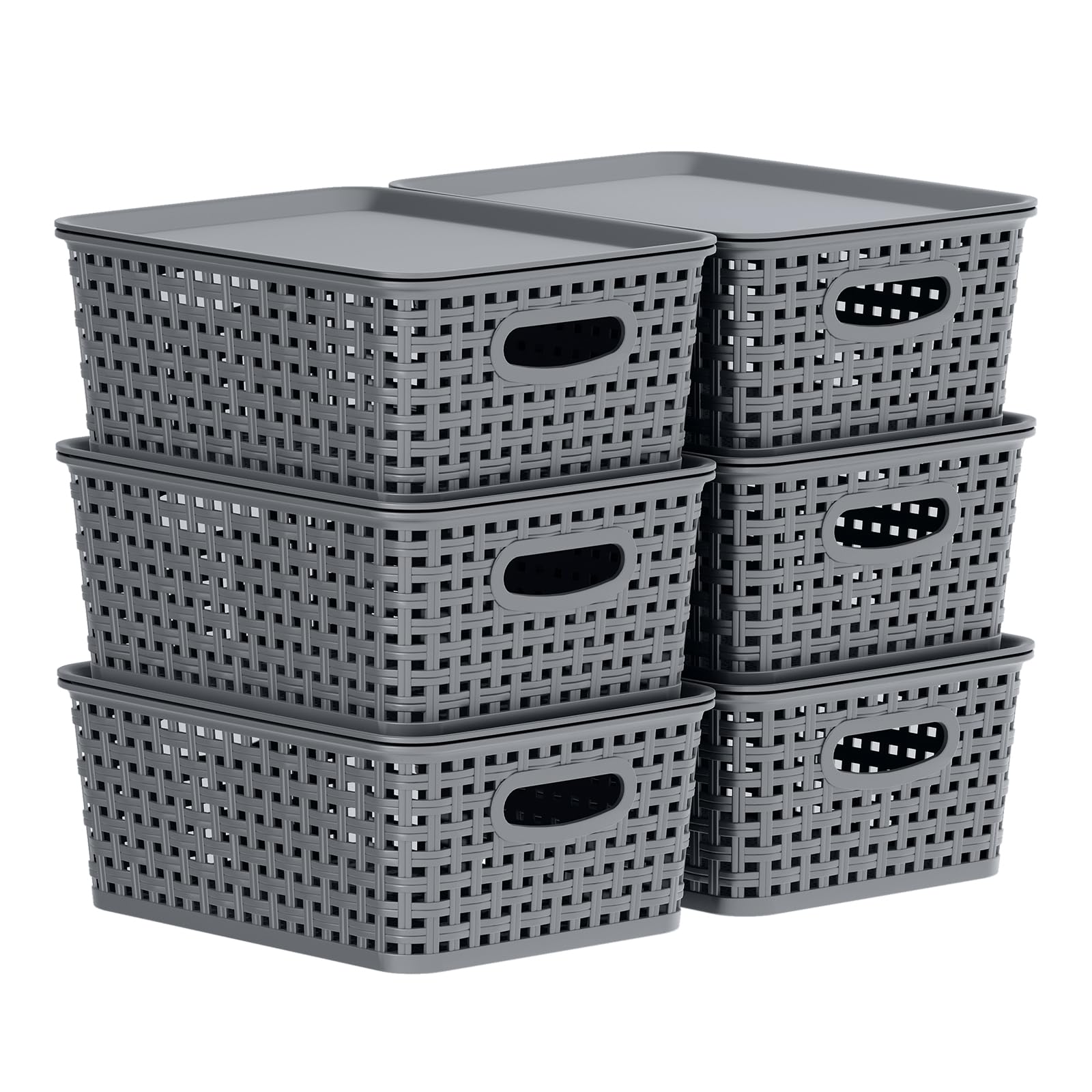 Paniers en plastique avec couvercle lot de 6 gris pour organiser le salon et la salle de bain