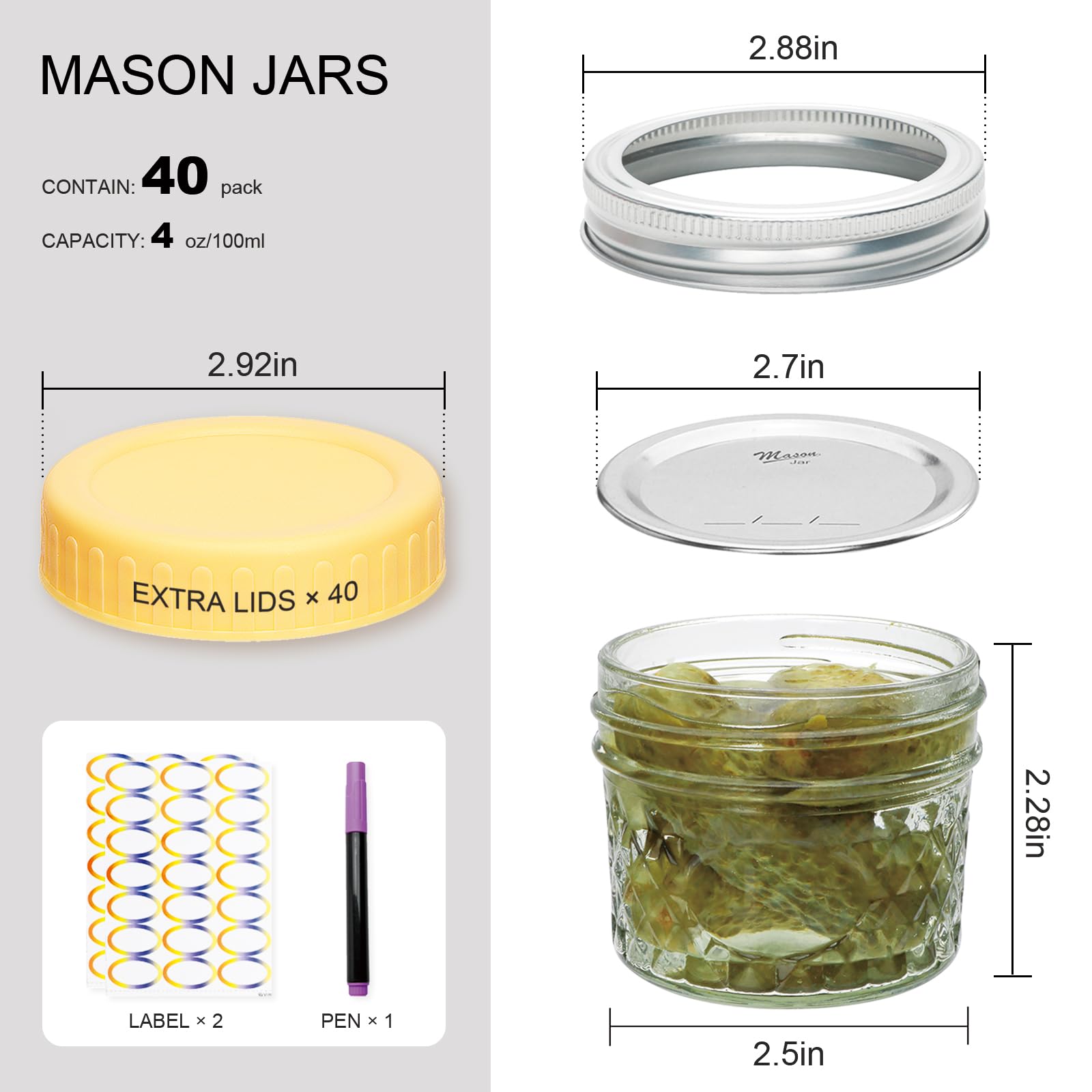 Flrolove Słoiki mason 113 g, 40 sztuk słoików do konserw ze zwykłymi pokrywkami, mini słoiki mason, idealne do dżemu, galaretki, miodu, projektów DIY, upominków ślubnych/prysznicowych