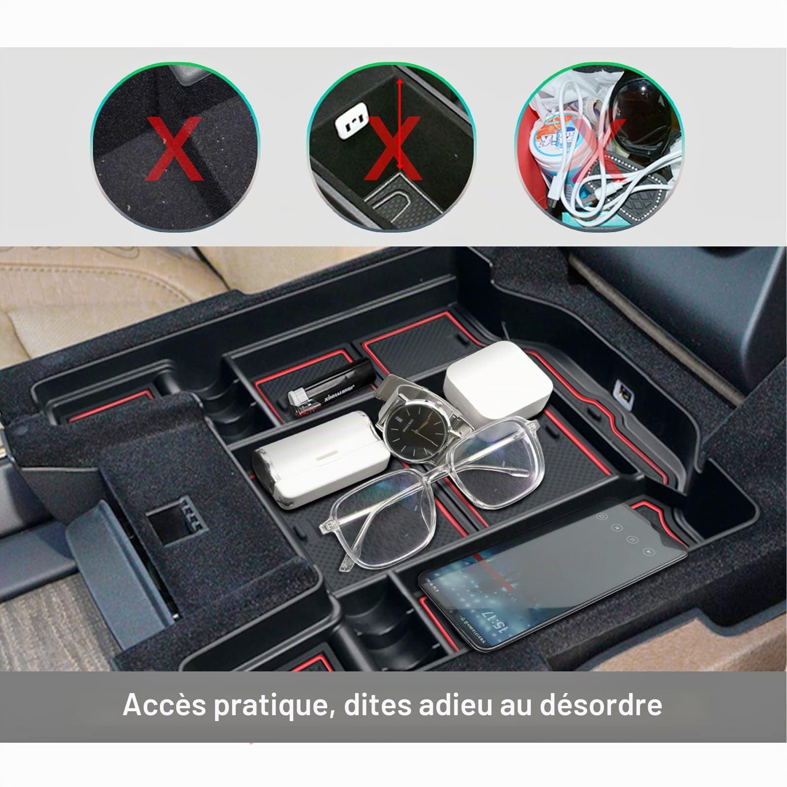 GAFAT Compatible avec Nouveau Dodge RAM 1500 2019-2024 2025 Console Centrale Boîte de Rangement, RAM 1500 2023 Accoudoir Organiseur, Boîte à Gants, RAM 1500 Accessoires (Rouge)