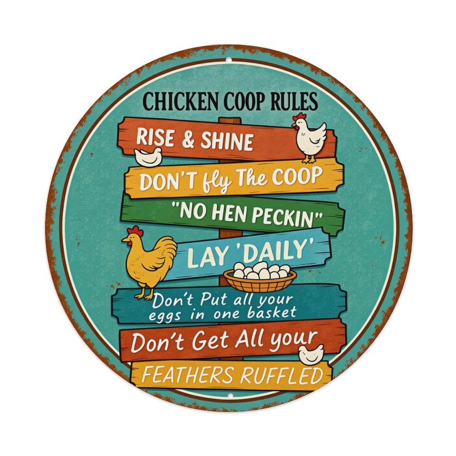 Chicken Coop Rules Sign Round Tin Sign Vintage Metal Poster, Home Bar Garage Man Cave Cafe Indoor & Outdoor Wall Decoration 8x8Inches
