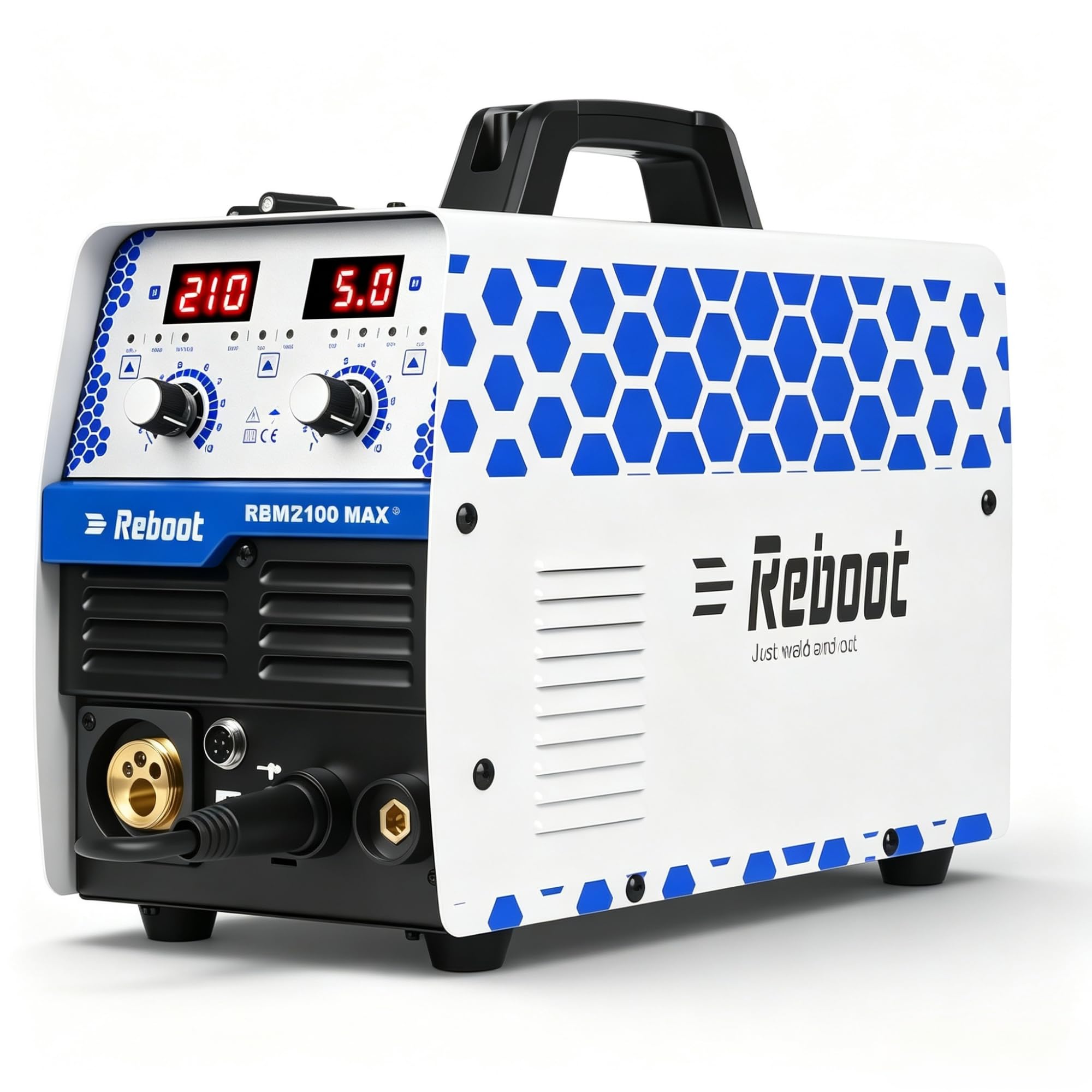 Spawarka 210 A 6 w 1 MIG MAG bezgazowa MMA Lift-TIG | Spawanie inwerterowe aluminium, IGBT 240 V przenośne do warsztatu, podwórka, DIY – Reboot RBM2100 MAX spawarka wieloprocesowa