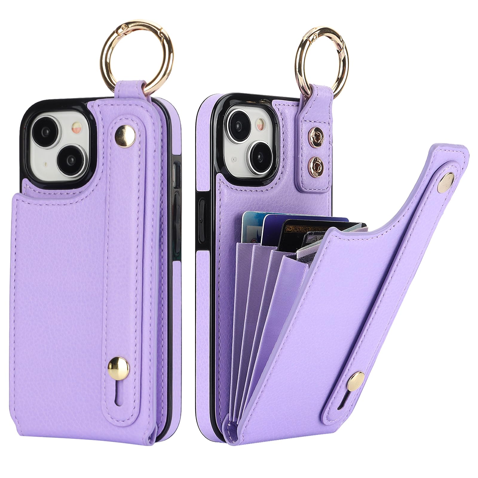 Folosu for iPhone 15 Wallet Case with Card Holder, Hand Wrist Strap Loop Holder Kickstand, RFID Blocking Finger Grip Ring PU Leather Double Buttons