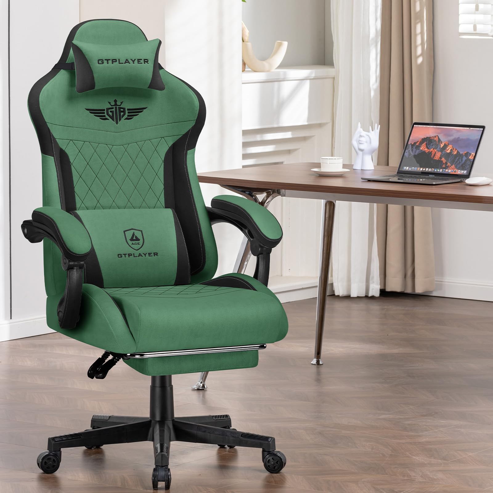 GTPLAYER Gaming Stuhl, Ergonomischer Gamer Stuhl aus Stoff mit Lendenwirbelstütze, PC-Stuhl mit verbreiterter Rückenlehne, Belastbar bis 150 kg, Grün