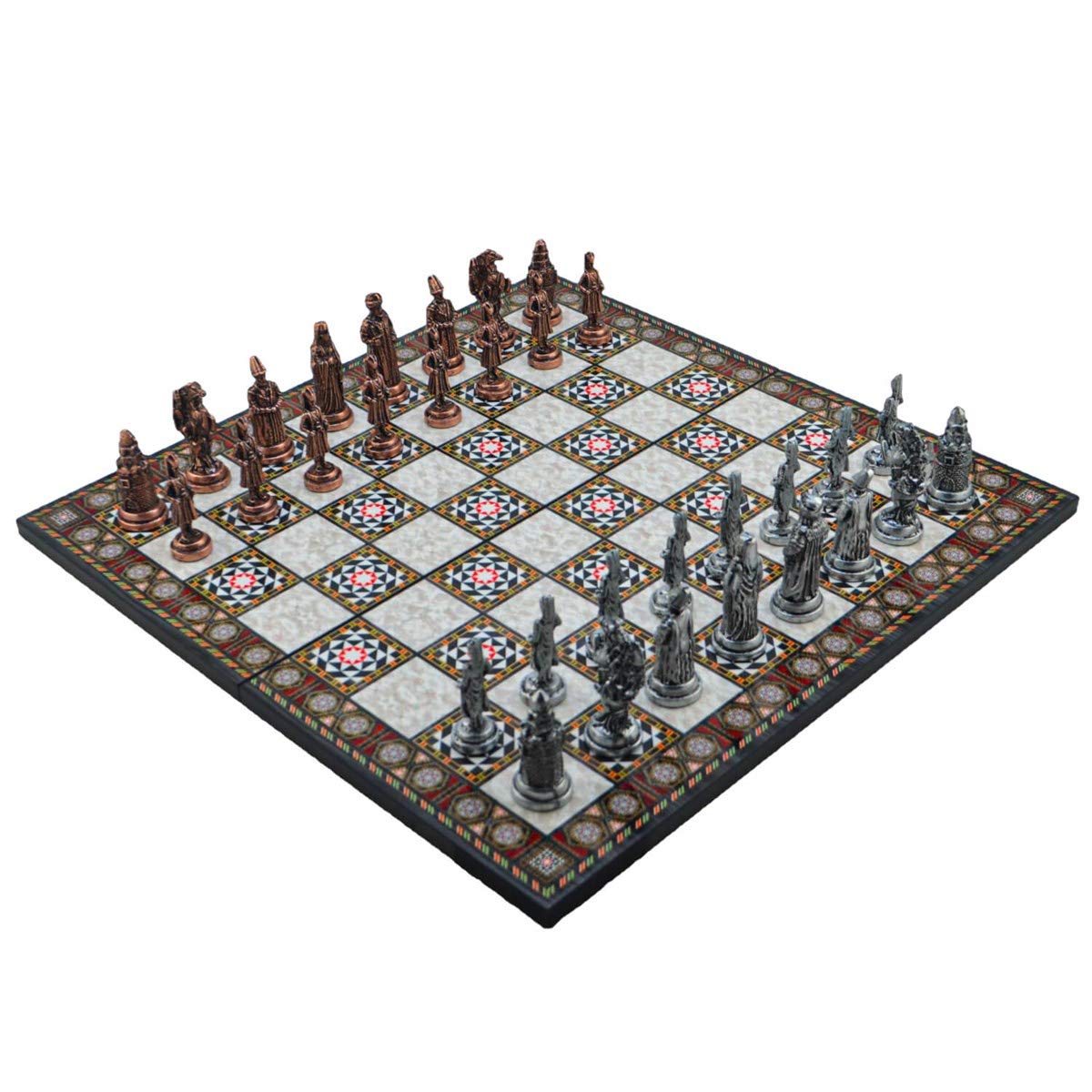 GiftHome Ottoman Empire Figures Metal Chess Set for Adults,Handmade Pieces and Mosaic Design Folding Wooden Chess Board (Antique Copper)