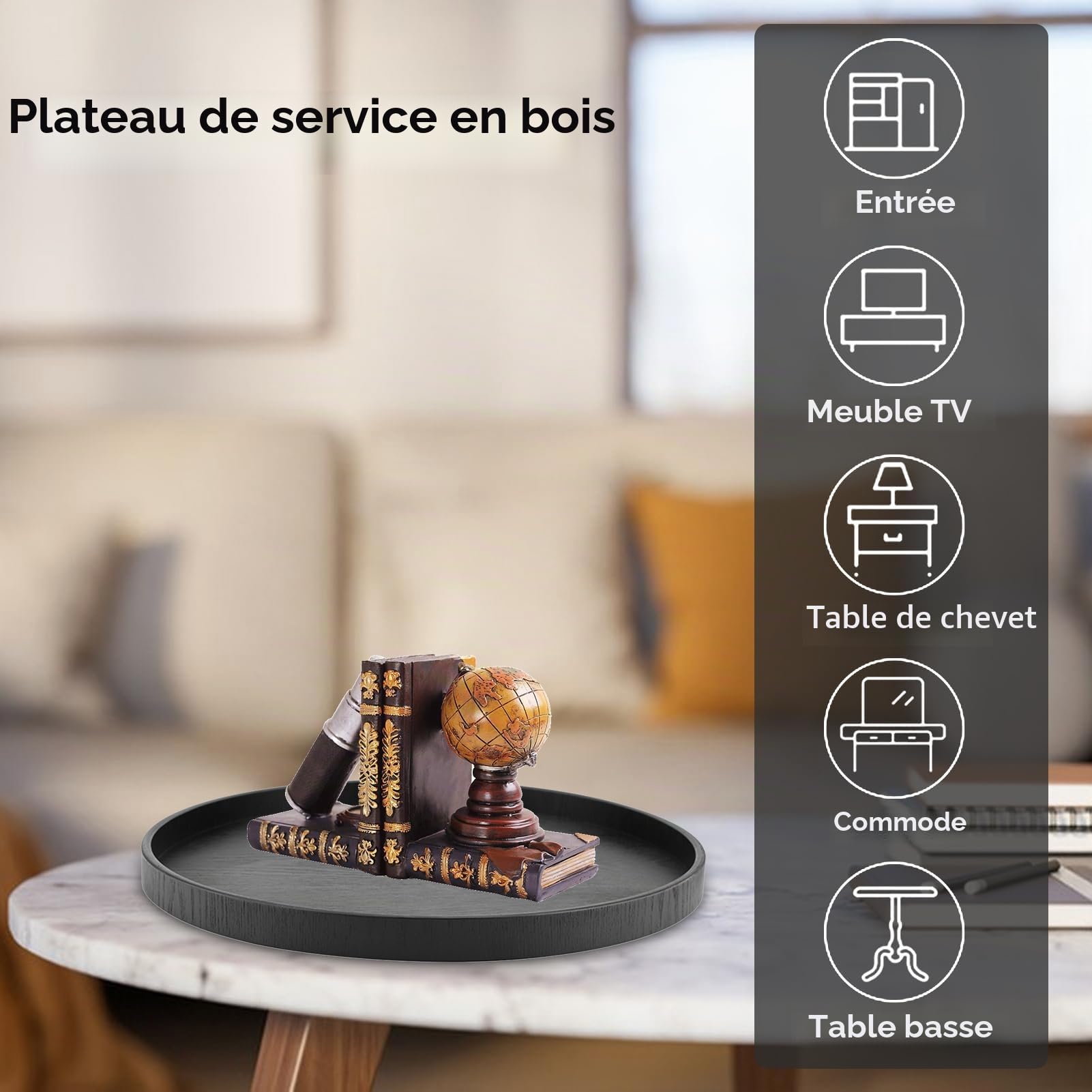 Plateau de Service Rond en Bois Massif, Noir, 37,5 cm, pour Thé, Café, Collations et Repas