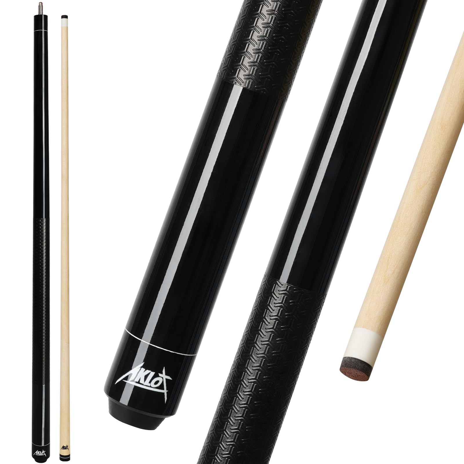 Aklot Pool Cue Sticks 58'', 19oz, Premium Canadian Maple 1/2 Billiard Cue with 13mm Leather Tip, 3D Anti-Slip Grip, Seamless Joint, Table Billiard Pool Stick for Adults/Beginners/Pro Players, Black