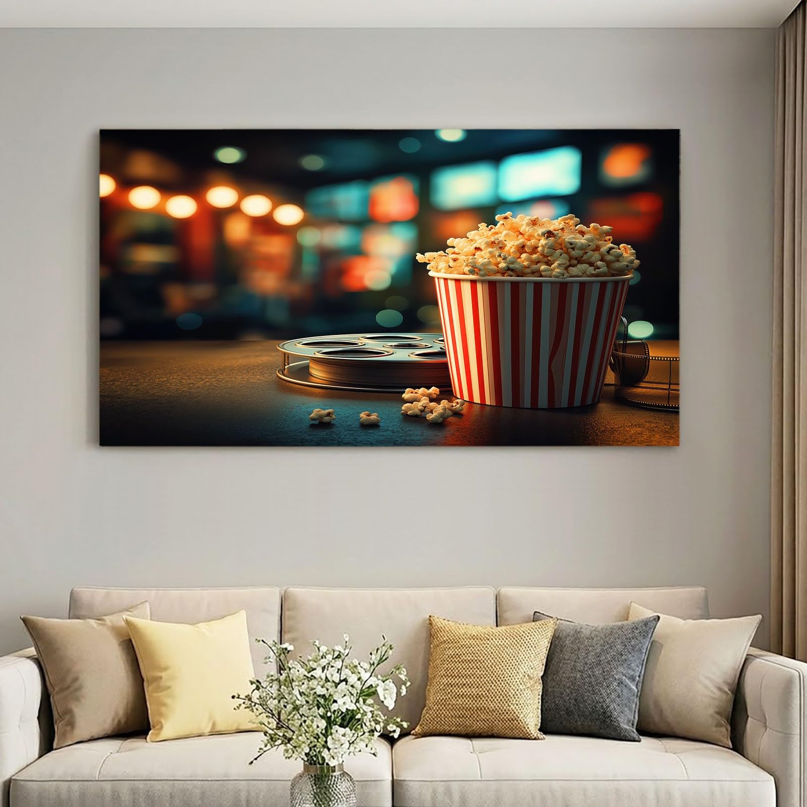 Leinwandbild 120 x 80 cm Wandbild Retro - Bild auf Leinwand mit Braun Film Popcorneimer, Wanddeko für Wohnzimmer, Schlafzimmer, Büro Deko Zimmer
