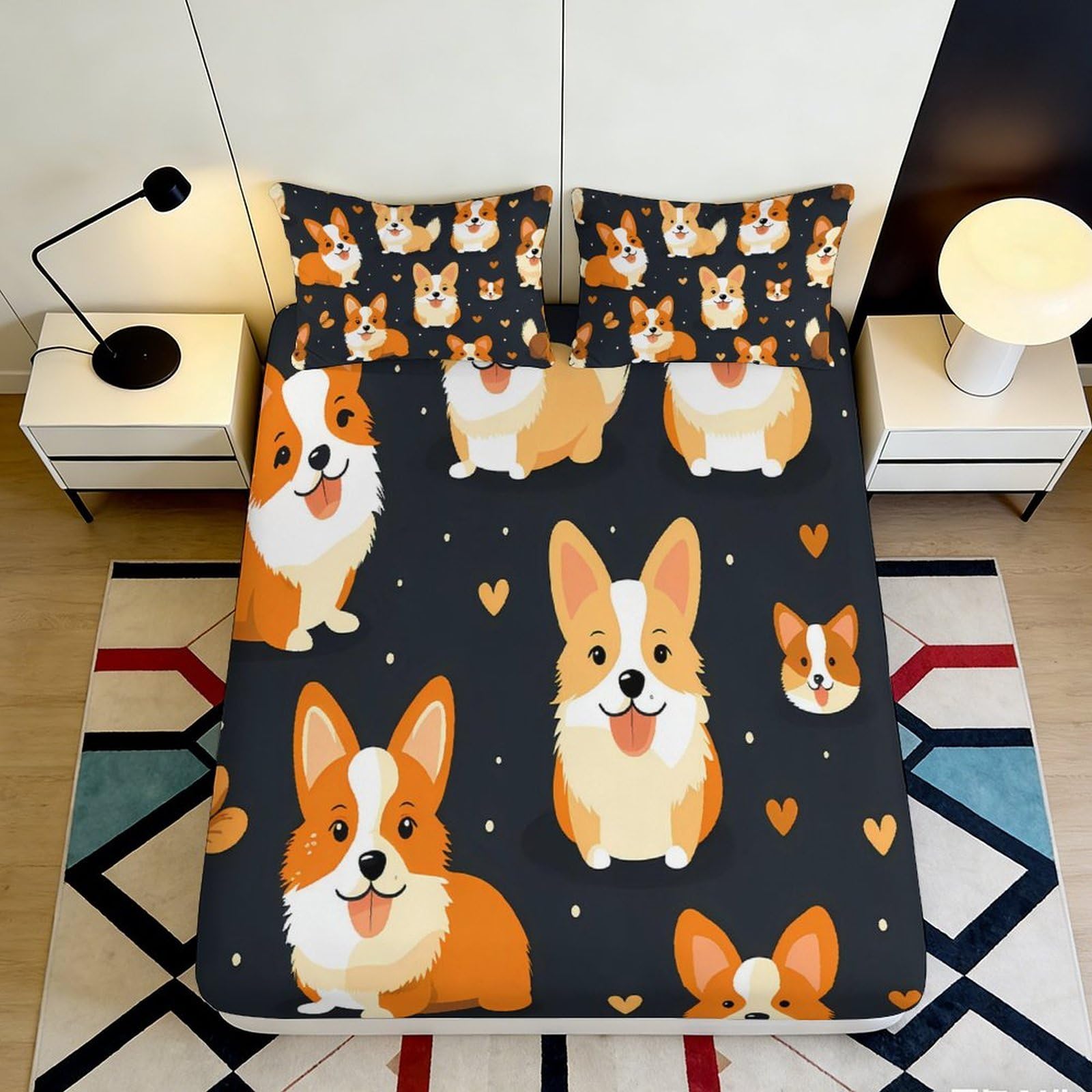 Uxinyoume Style-10 3D Printed Corgi Dog Fitted Sheet Microfiber Soft Breathable Cartoon Heart Bed Cover Bedroom Decor 90X200x25cm