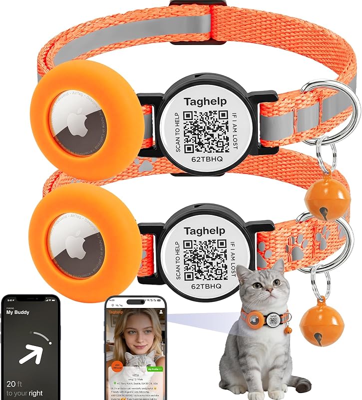 Coleira para Gatos com Suporte Integrado para Apple AirTag, Plaquinha QR Code e Faixa Refletiva Laranja Taghelp, Pacote com 2