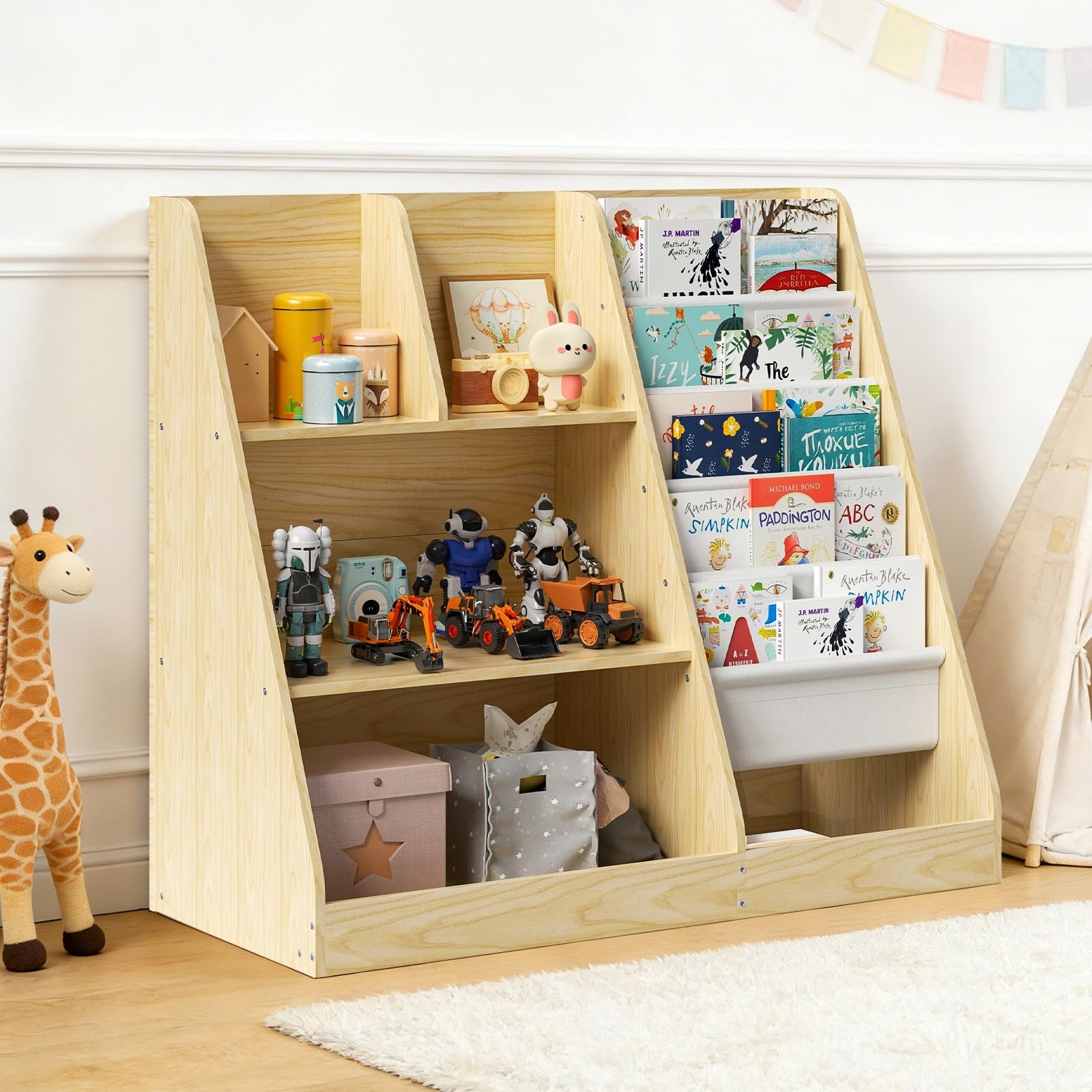 Libreria per bambini, a 5 ripiani, con 4 scomparti aperti, libreria in legno per bambini, camera da letto, sala giochi, aula e asilo nido