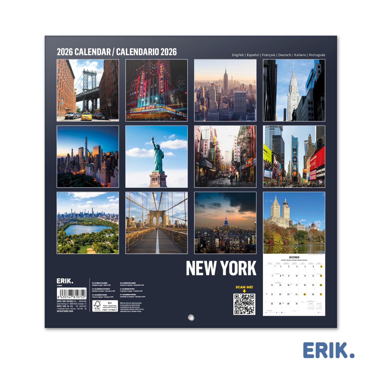 Grupo Erik Wall Calendar 2026 - New York Calendar 2026 | Square 30 x 30 cm - 12 x 12 inches Wall Planner, Family Planner Month To View | New York Gifts For Friends