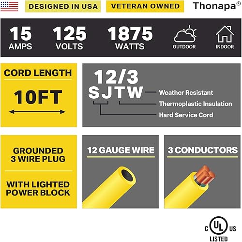 Miniatura 29 de SJTW - Cable de extensión iluminado para exteriores de 3 tomas de corriente, calibre 12, 15 amperios, cable de extensión de alimentación resistente