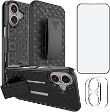 Ailiber for iPhone 16 Stand Case, Belt Clip Holster Screen Protector-Black | Camera Lens Protector, Swivel Kickstand Holder, Slim Shell Pouch Full Body Protective, Rugged Shockproof Cell Phone Cover