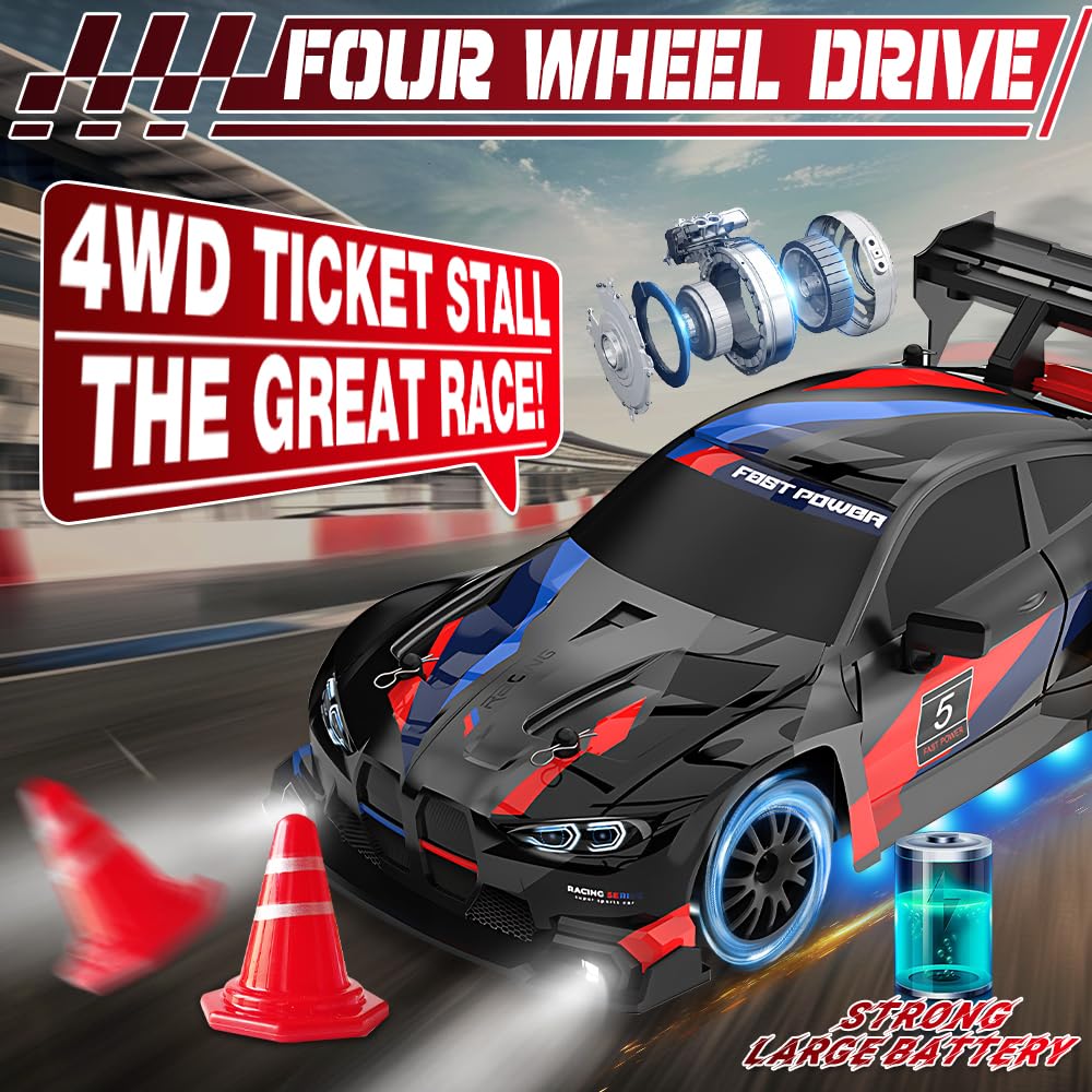 Vmxlso RC Drift Car, 1:24 Remote Control Car, 2.4GHz, 20 KM/h High Speed 4WD, with Cool Lighting, Racing and Drifting Tires - Image 3